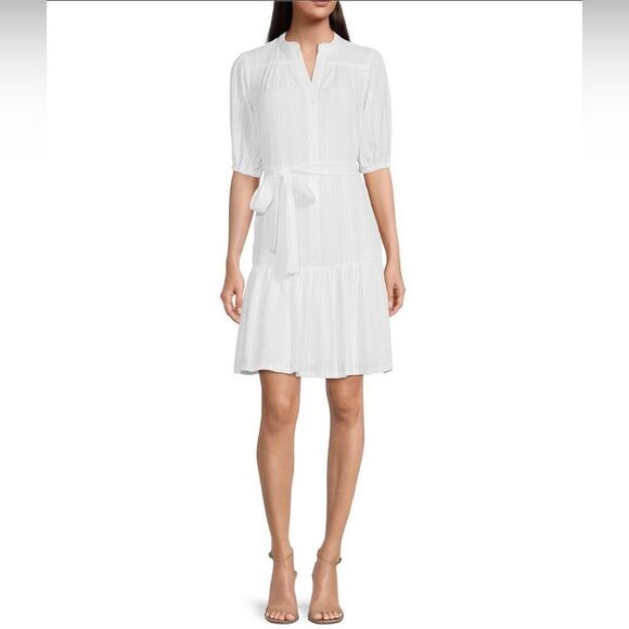 Maggy London V-Neck 3/4 Sleeve Button Front Tie Waist Cotton Gauze Stripe Dress - Picture 1 of 8